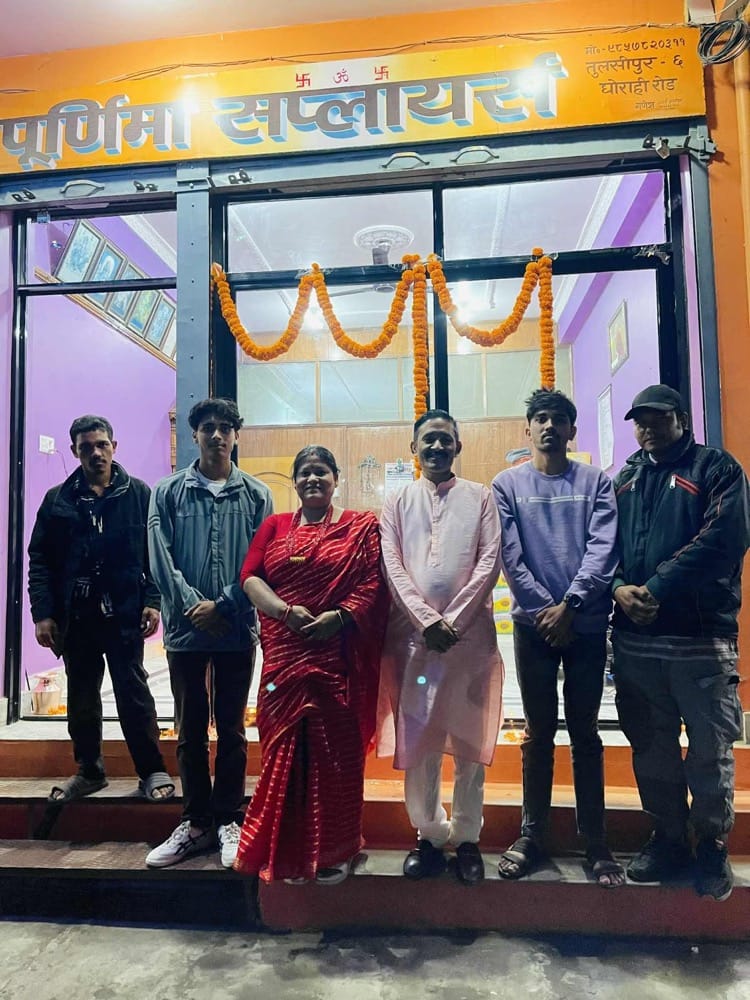 Purnima Suppliers family and staff outside the Tulsipur shop